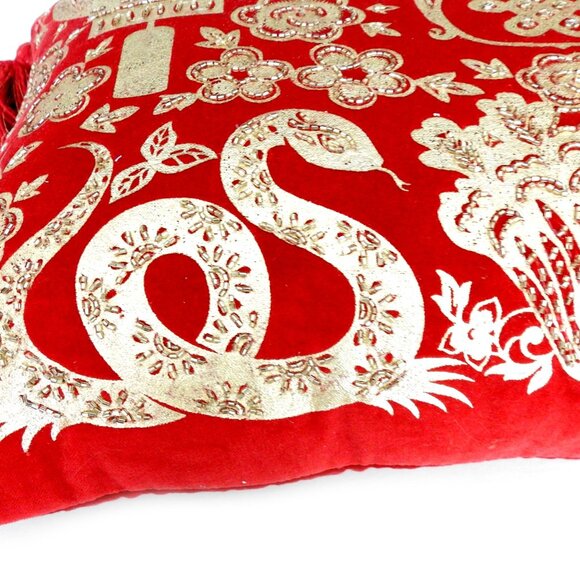 NWT Red Velvet Decorative Rectangle Pillow Gold Snakes Flowers Beaded Tessles - Picture 6 of 10